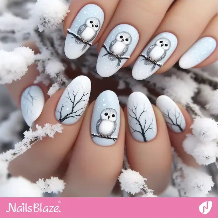 Snowy Owls Perched on Frost-covered Branches | Polar Wonders Nails - NB3118